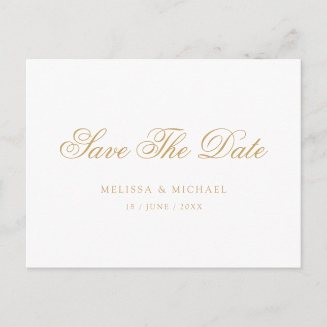 Minimal Elegant Gold Script Wedding Save The Date Announcement Postcard (Front)