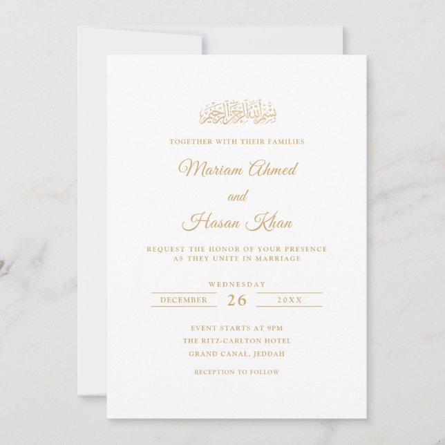Minimal Elegant Gold Stylish Script Muslim Wedding Invitation (Front)