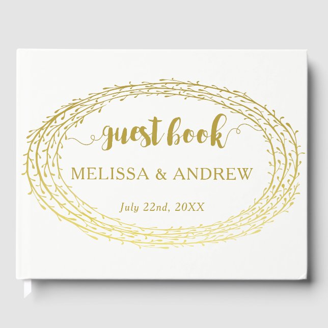 Minimal Elegant Gold Wreath Wedding Guest Book (Front)