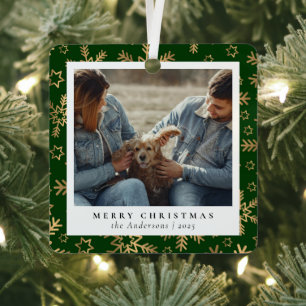 Minimal Elegant Green Gold Christmas Couple Photo Metal Tree Decoration