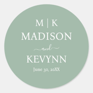 Minimal & Elegant Green & White Monogram Wedding Classic Round Sticker