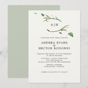 Minimal Elegant Greenery Monogram Wedding Invitation