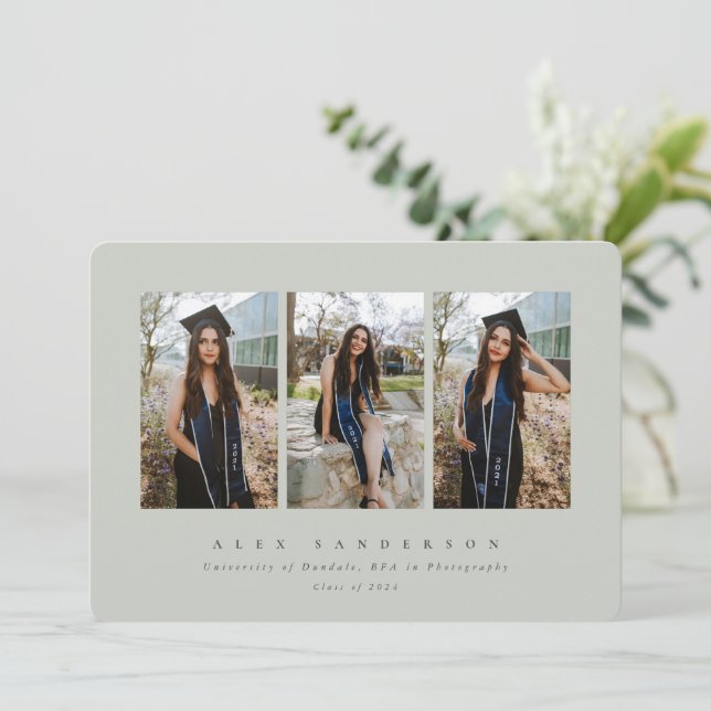 Minimal Elegant Grey-Green Triple Photo Graduation Announcement (Standing Front)