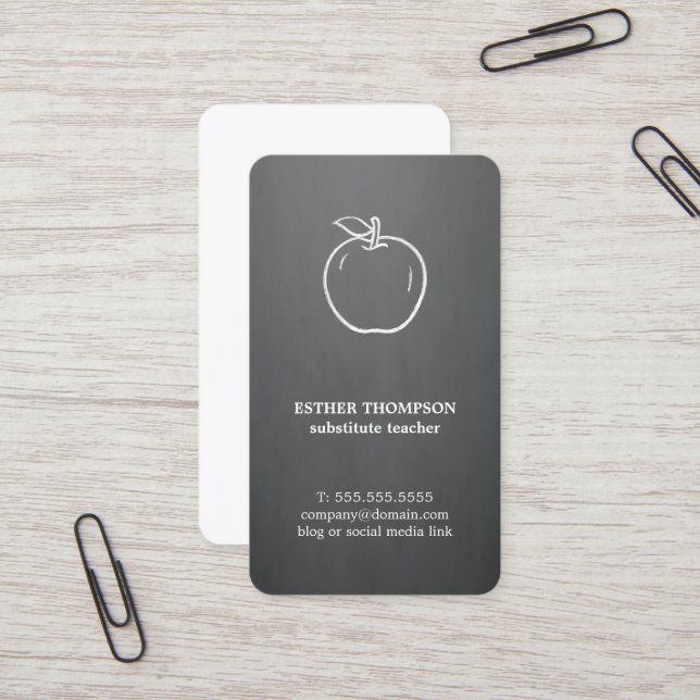 Minimal Elegant Grey White Apple Teacher  Business Card (Front/Back In Situ)