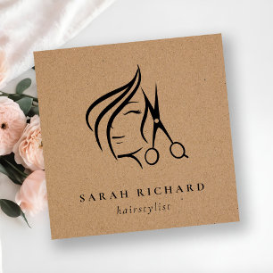 Minimal Elegant Hairstylist Kraft Hair Scissor Square Business Card