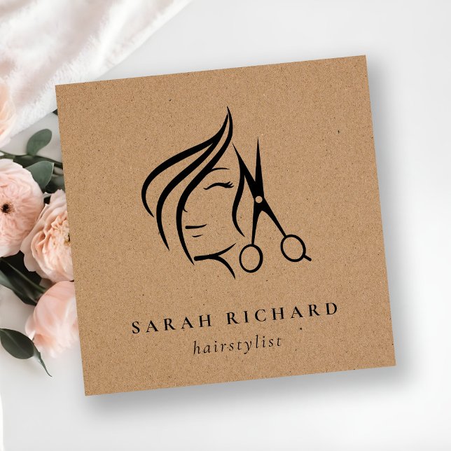Minimal Elegant Hairstylist Kraft Hair Scissor  Square Business Card (Creator Uploaded)