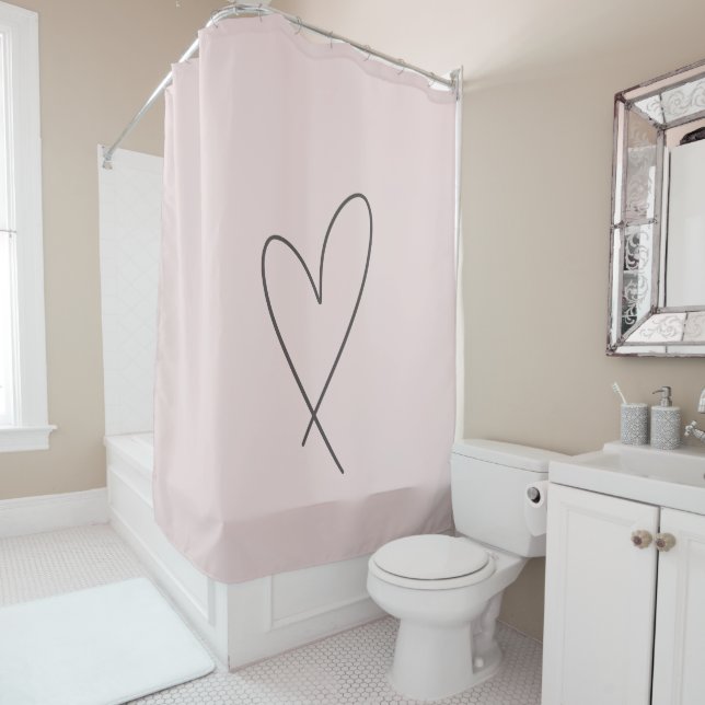 Minimal Elegant Line Art Heart Wedding Blush Pink Shower Curtain (In Situ)
