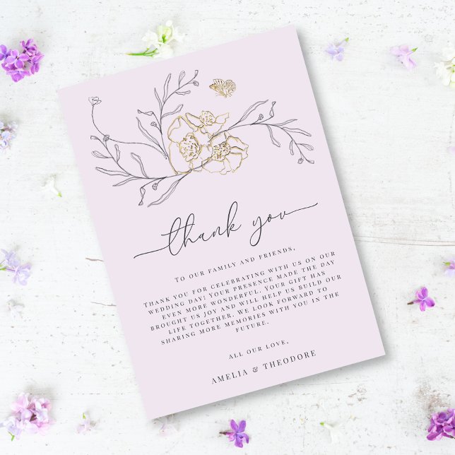 Minimal Elegant Line Floral Lilac Gold Wedding Thank You Card (Creator Uploaded)