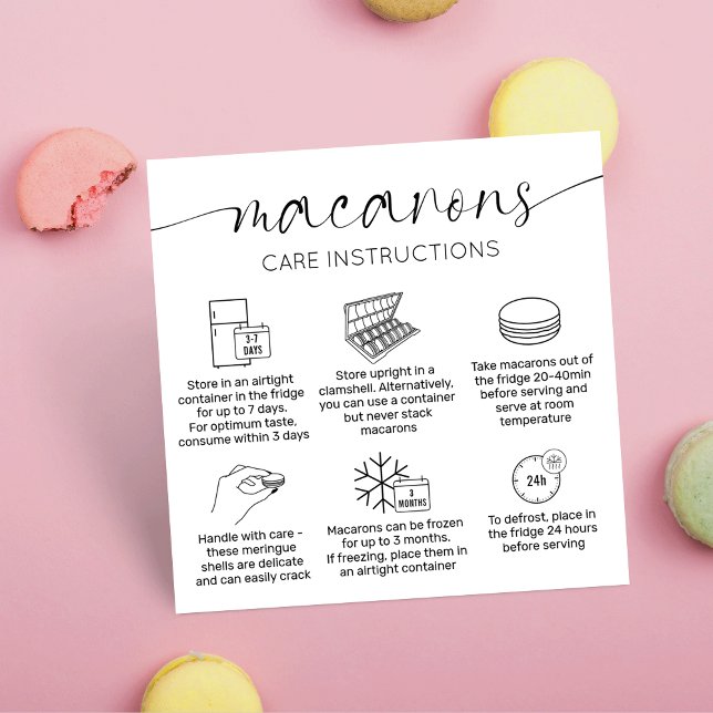 Minimal Elegant Macarons Care Guide & Thank You Square Business Card (Minimal macarons care instructions business cards for your macaron boxes )