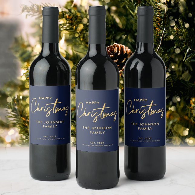 Minimal Elegant Modern Blue Gold Happy Christmas Wine Label (Creator Uploaded)