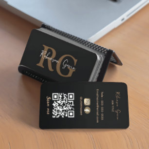 Minimal Elegant Monogram Black Gold QR Business Card