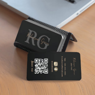 Minimal Elegant Monogram Black QR Code Business Card