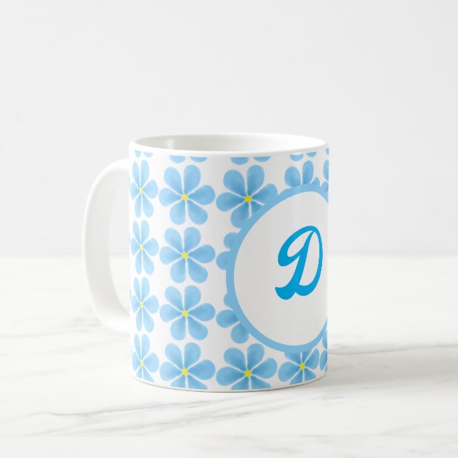 minimal elegant monogram Blue Botanical pattern Coffee Mug (Front Left)