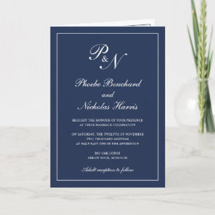 Minimal Elegant Navy Blue Monogram Formal Wedding Invitation