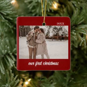 Minimal Elegant Newlyweds First Christmas 2 Photo Ceramic Ornament