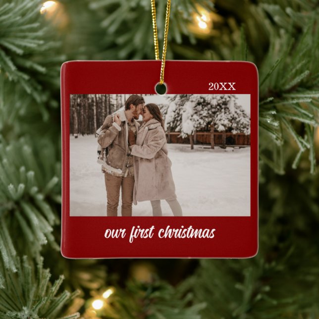 Minimal Elegant Newlyweds First Christmas 2 Photo Ceramic Ornament (Tree)