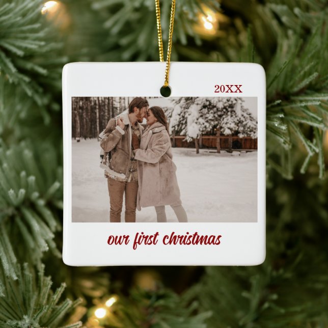 Minimal Elegant Newlyweds First Christmas 2 Photo Ceramic Ornament (Tree)