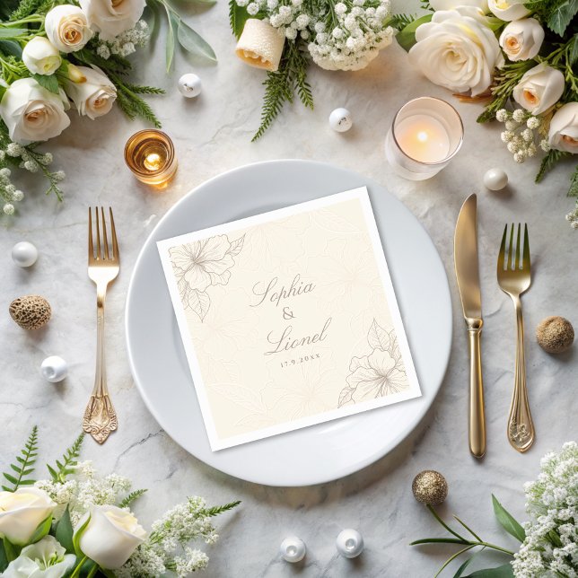 Minimal Elegant Outline Floral Off White Wedding Napkin (Creator Uploaded)