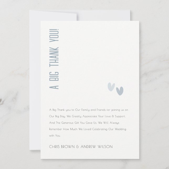Minimal Elegant Pastel Dusky Blue Hearts Wedding Thank You Card (Front)
