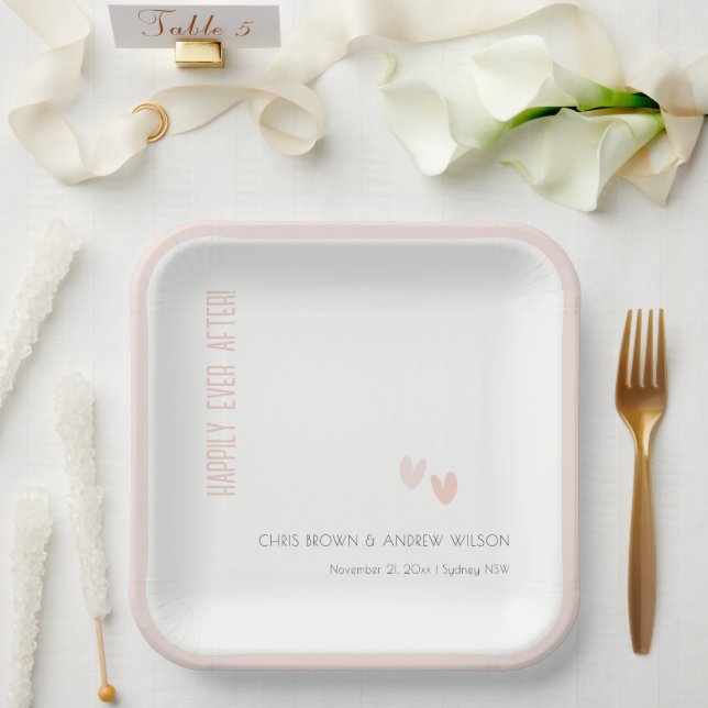 Minimal Elegant Pastel Dusky Pink Hearts Wedding Paper Plate (Wedding)
