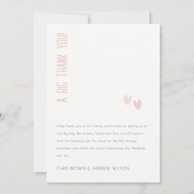 Minimal Elegant Pastel Dusky Pink Hearts Wedding  Thank You Card (Front)