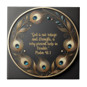 Minimal Elegant Peacock Feathers Bible Verse Ceramic Tile