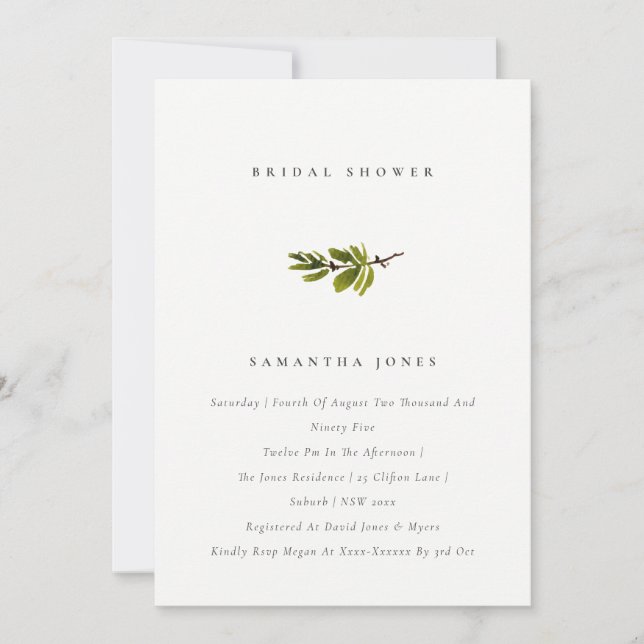 Minimal Elegant Pine Branch Bridal Shower Invite (Front)