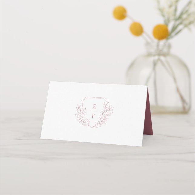 Minimal Elegant Pink Cherry Blossom Monogram Crest Place Card (Front)