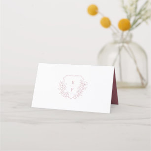 Minimal Elegant Pink Cherry Blossom Monogram Crest Place Card