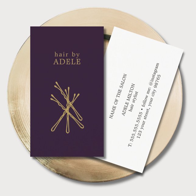 Minimal Elegant Purple Golden Pins Hair Stylist  Business Card (Creator Uploaded)