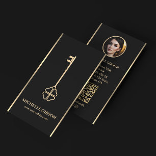 Minimal Elegant Realtor Photo Mortgage Key Black Business Card