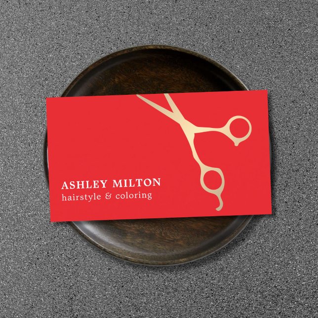 Minimal Elegant Red Faux Gold Scissors HairStylist Business Card (Creator Uploaded)