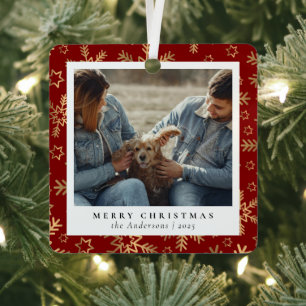 Minimal Elegant Red Gold Christmas Couple Photo Metal Tree Decoration