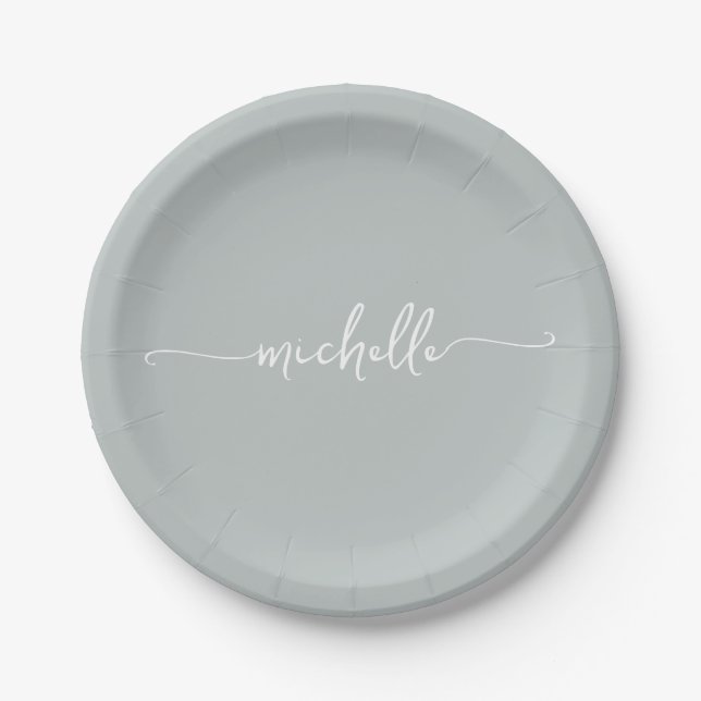 Minimal Elegant Sage Green Monogram Script Paper Plate (Front)