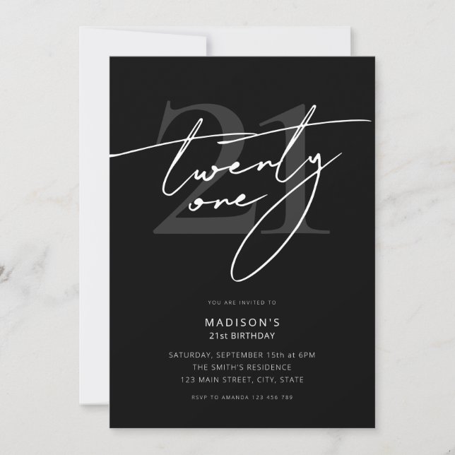 Minimal Elegant Script Black 21st Birthday Party Invitation (Front)