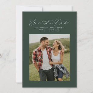 Minimal elegant script hunter green photo save the date