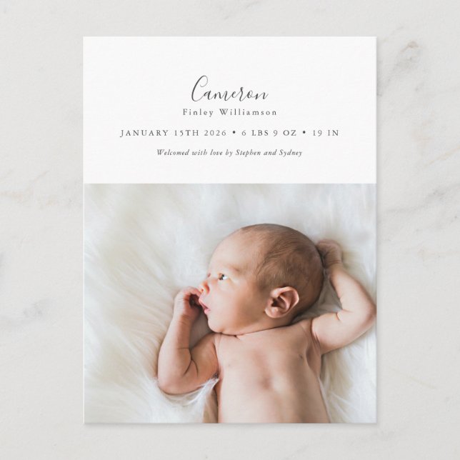 Minimal Elegant Script Photo Birth Announcement Postcard (Front)