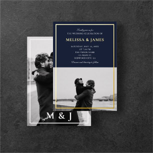 Minimal Elegant Script Photo Navy Blue Wedding