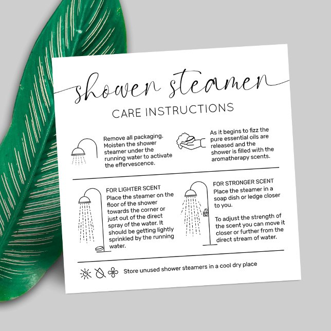 Minimal Elegant Shower Steamer Care Instructions Square Business Card (Shower steamer instructions cards with icons, elegant script font and modern layout)