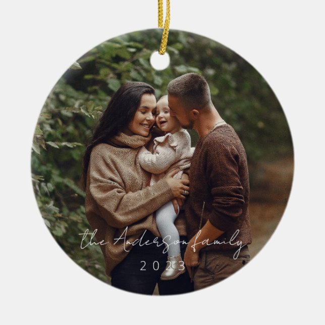Minimal Elegant Simple Christmas Family Photo Ceramic Ornament (Front)