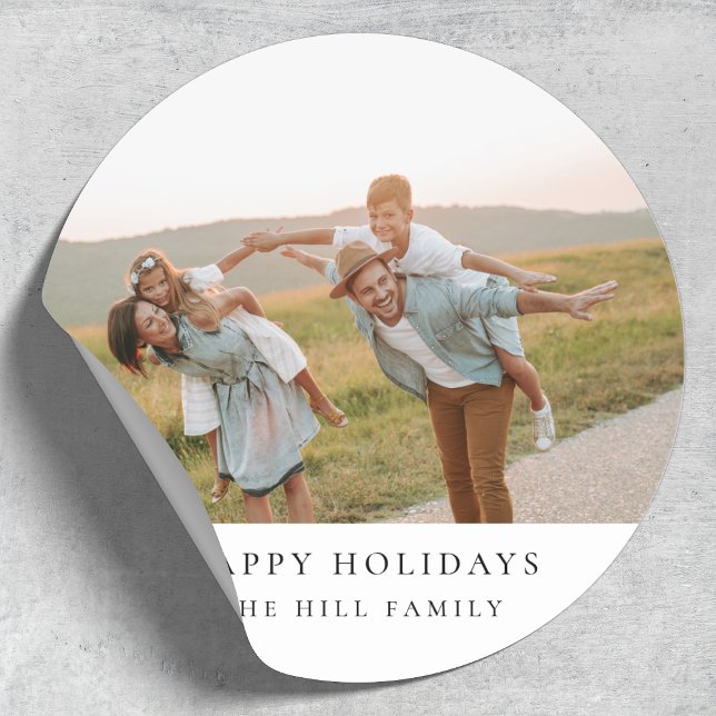 Minimal Elegant Simple | Christmas Family Photo Classic Round Sticker (Happy holidays festival label design with your family photograph)