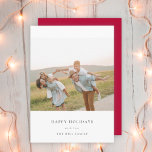 Minimal Elegant Simple Christmas Family Photo Red Holiday Card<br><div class="desc">A stylish minimal photo holiday card with classic typography "Happy Holidays" in black on a clean simple minimalist white background and a rich red feature colour on the reverse. The photo, holiday greeting and name can be easily customised for a personal touch. A simple, minimalist and contemporary christmas design to...</div>