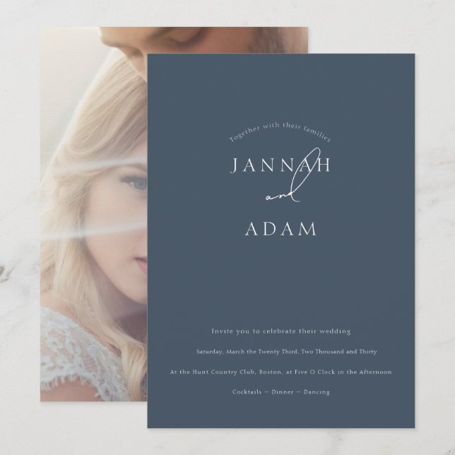 Minimal Elegant Slate Blue Script Wedding Invitation (Front/Back)