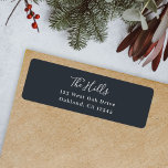 Minimal Elegant Stylish Black Return Address Return Address Label<br><div class="desc">A stylish modern holiday return address label with a handwritten script font for your family name in white with a dark bluish off black feature colour in a 'scandi' scandinavian design style. The name and address can be easily customised for a personal touch. A trendy, minimalist and contemporary design to...</div>