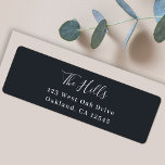 Minimal Elegant Stylish Black Return Address Return Address Label<br><div class="desc">A stylish modern holiday return address label with a handwritten script font for your family name in white with a dark bluish off black feature colour in a 'scandi' scandinavian design style. The name and address can be easily customised for a personal touch. A trendy, minimalist and contemporary design to...</div>