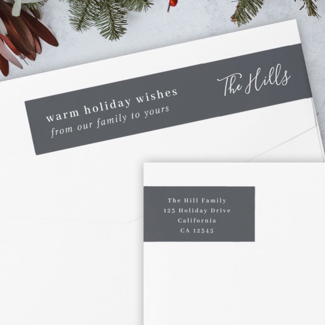Minimal Elegant Stylish Black Return Address Wrap Around Label (Modern wrap label by Guava with “Warm Wishes from Our Family to Yours”)