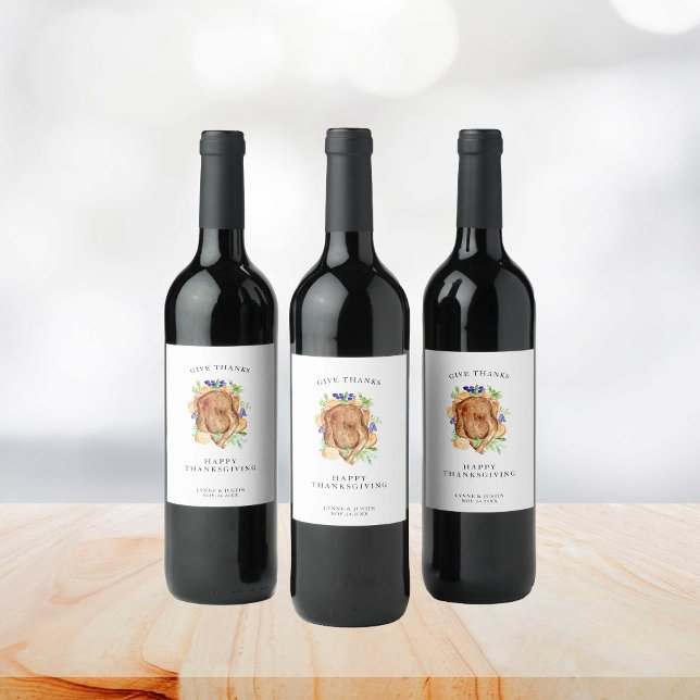 Minimal Elegant Thanksgiving Dinner Give Thanks Wine Label (Creator Uploaded)