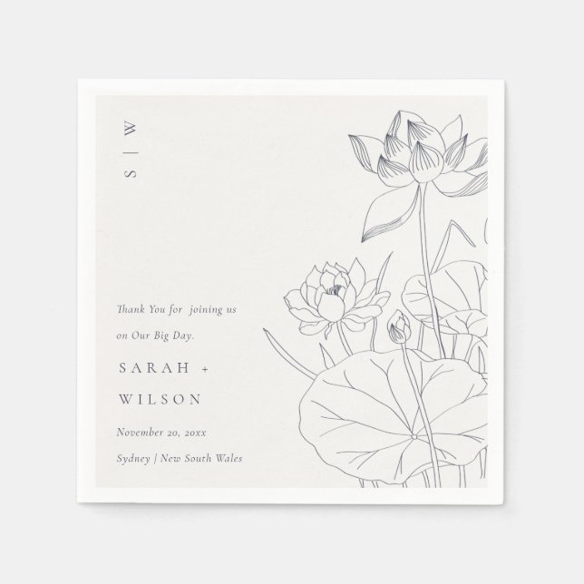 Minimal Elegant Waterlily Floral Sketch Wedding Napkin (Front)