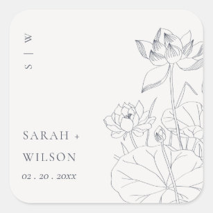 Minimal Elegant Waterlily Floral Sketch Wedding Square Sticker