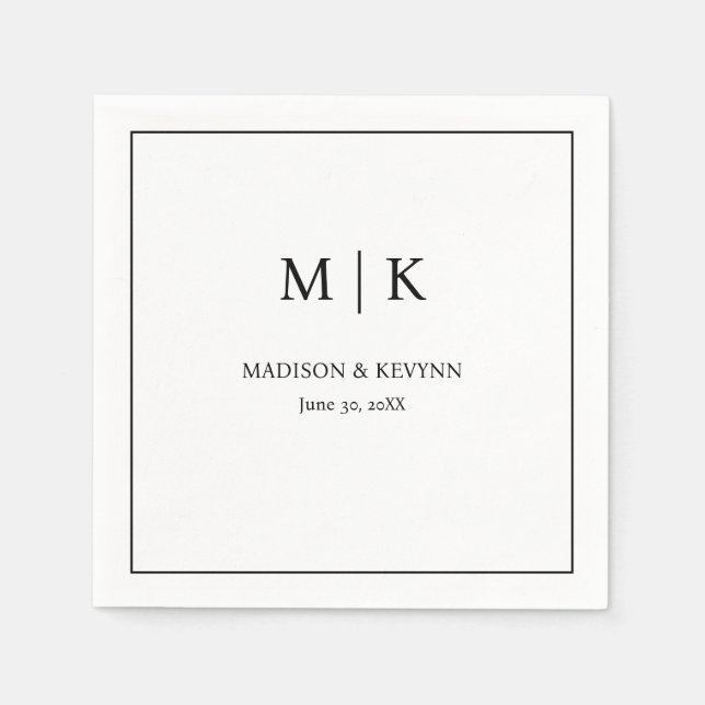 Minimal & Elegant White and Black Monogram Wedding Napkin (Front)